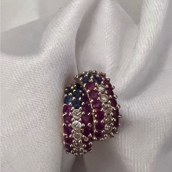 14K Gold huggy earrings Genuine Diamonds, Rubies, and Sapphires. EUC. Worn twice - Picture 3 of 3